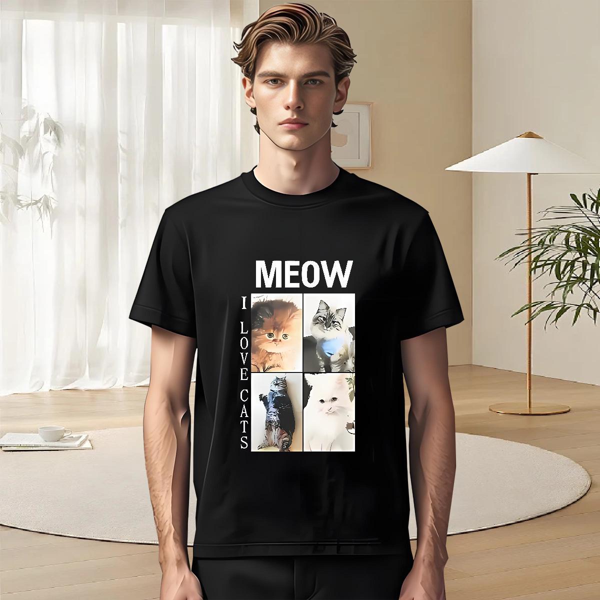 Wholesale Men Tees 100% Cotton 230g Casual Beach cat Cartoon Print Crew Neck Designer T shirt Polos
