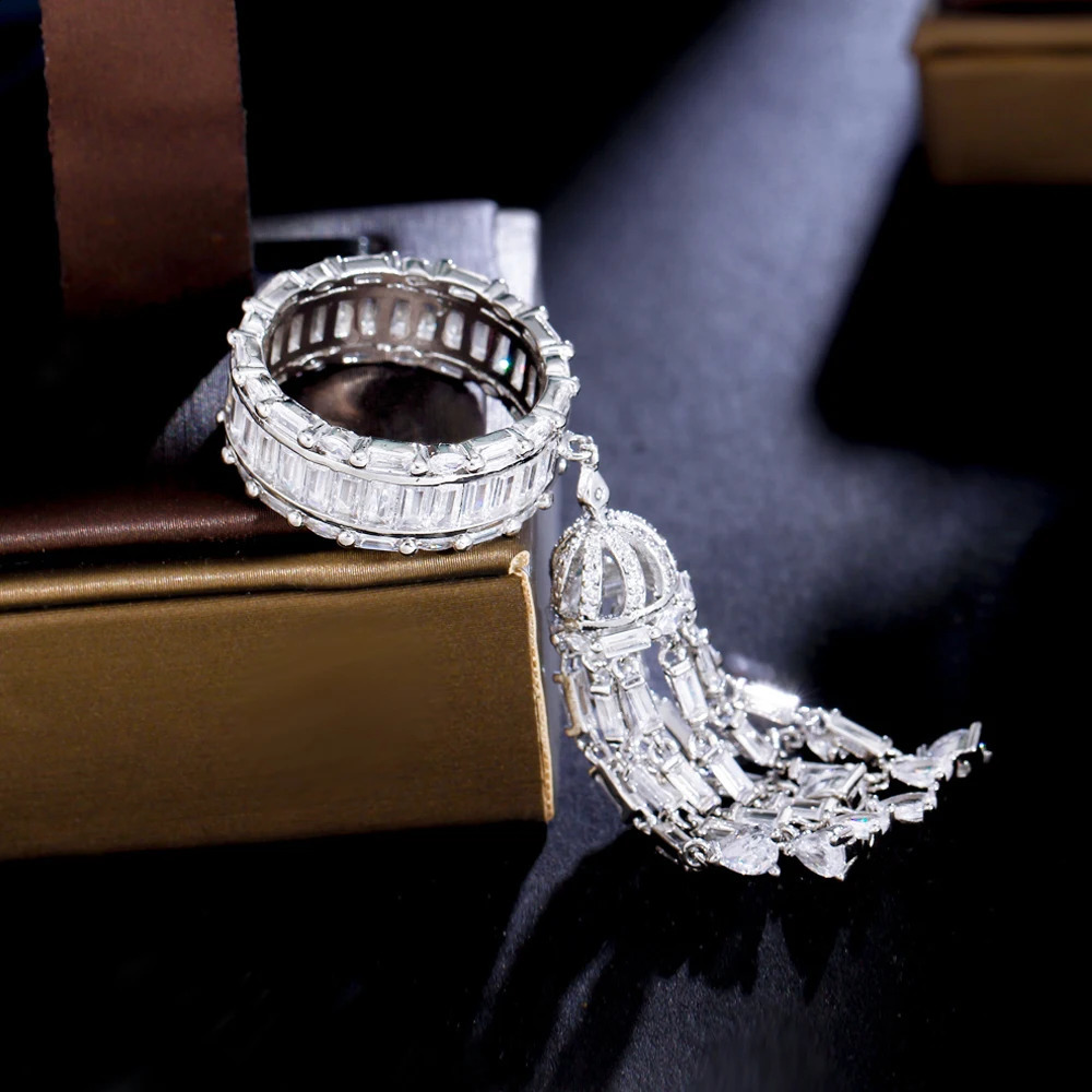 Three layer fashion cubic zirconia long tassel charm elegant engagement ring female bride wedding ball jewelry R225 240723