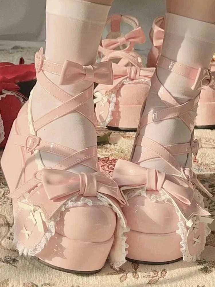 Summer Lovely Bow Strap Lolita Shoes for Women Sweet Bowtie Platform Mary Janes Woman Patent Leather Non-Slip Cute New Flats 240724