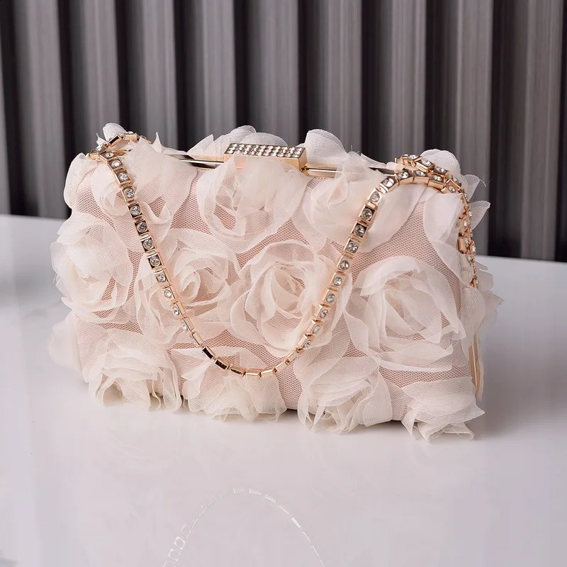 3D Flower Chiffon Evening Handbag Champagne Womens Wedding Dress Purse Diamond Chain White Clutch Soft Fabric Bolso Fiesta Pink 240729