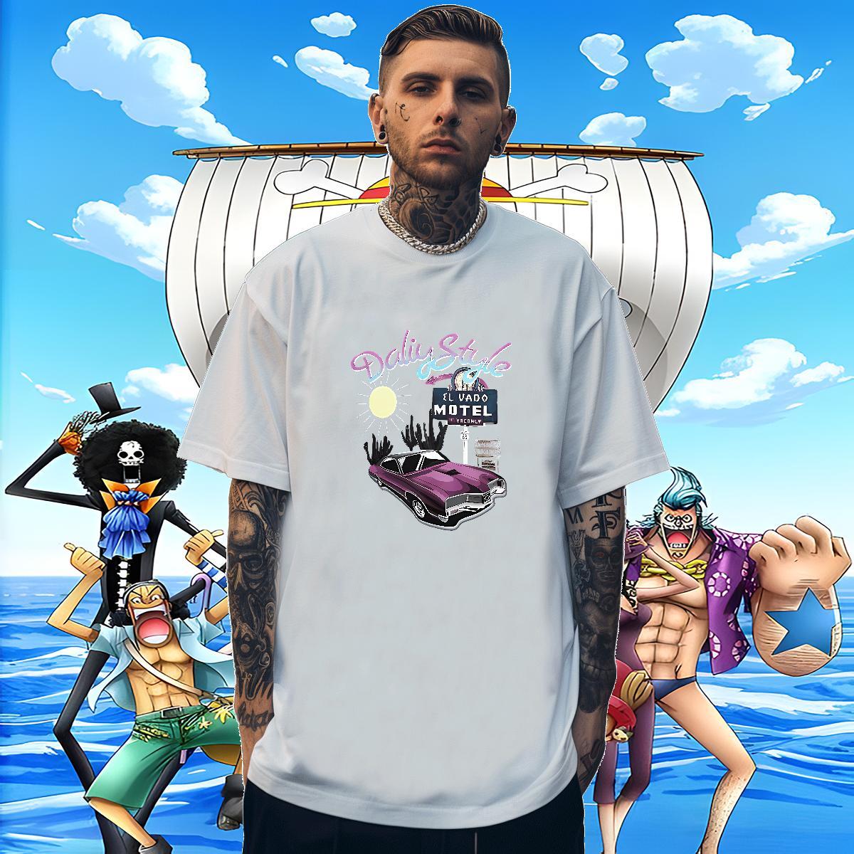 Loose Fit Men Clothes T-Shirt 230g Pure Cotton Casual Beach car Cartoon Print O-Neck Short Sleeve 2024 DIY T Shirt For Man Tees