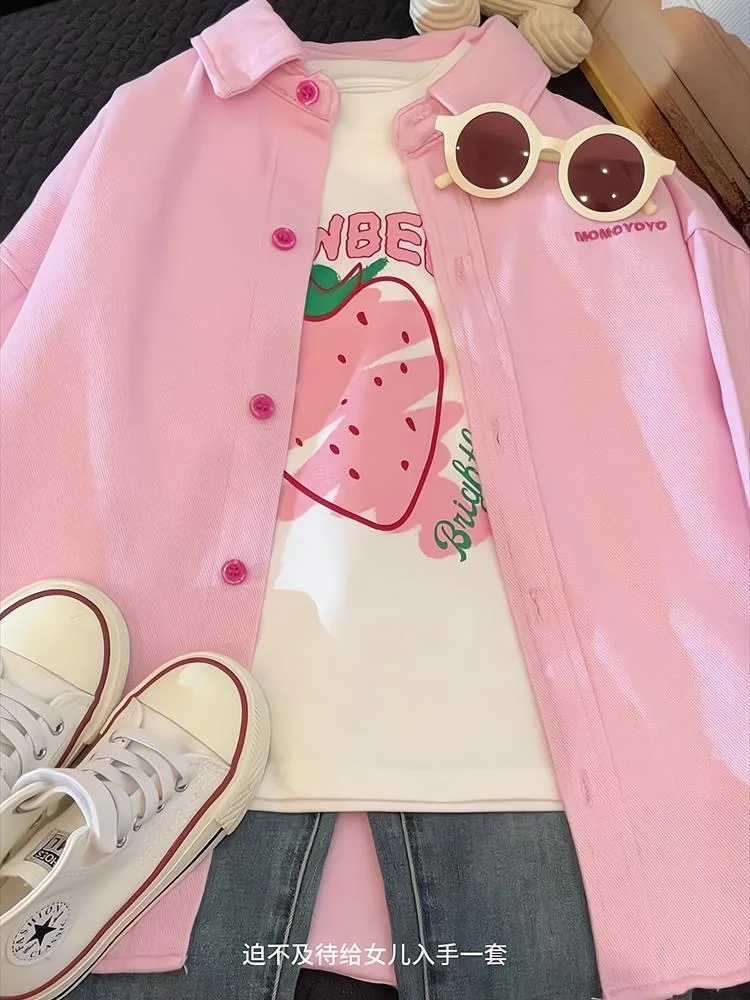 High end girls denim jacket spring and autumn 2024 new childrens clothing trendy casual shirts for little girls childrenW240729