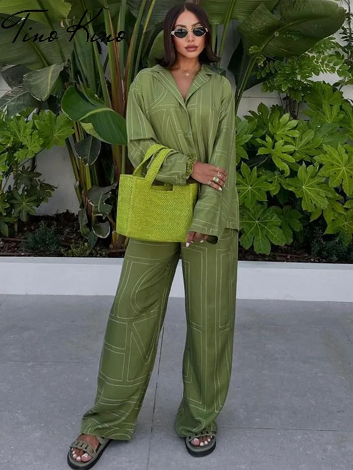 Loose Geometry Print Shirt Pants Set Women Casual Lapel Long Sleeve Single Breasted Tops Wide Leg Pockets Trousers Two Piece 240729