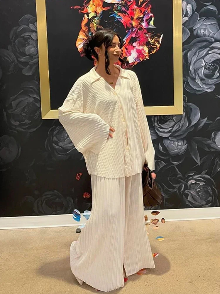 Oversized Pleated Pants Sets Women Long Sleeve Single Breasted V Neck Shirt Wide Leg Trousers Fashion Two 2 Piece Set Outfits 240729