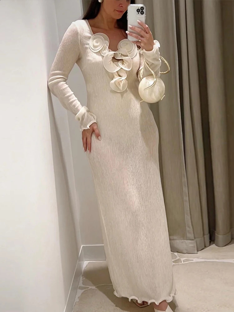 3d Floral V-neck Women Maxi Dress Solid Long Sleeve Split Slim Female Dresses 2024 Spring Summer Beachwear Ruffles Lady Robe 240729