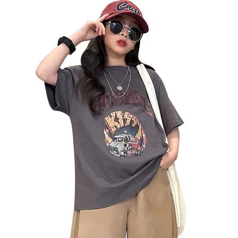 T-shirts New Summer Teens Girls T-shirts Cartoon Print Loose Cotton Tops tee Grey Purple Color Kids Clothes 8 10 12 yearsL24729
