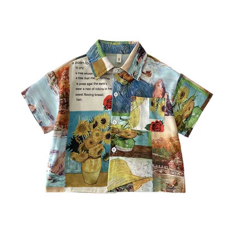 Childrens summer vintage oil painting shirt boys floral shirt childrens casual top childrens clothingW240729