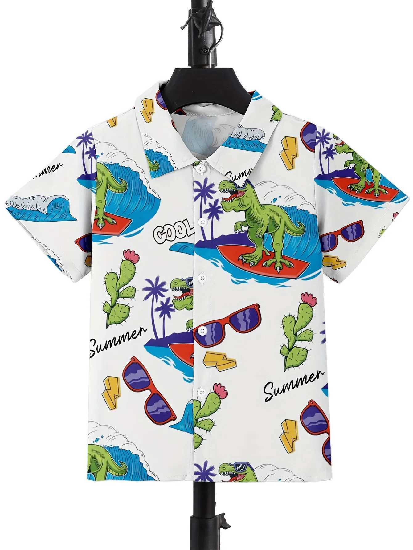 Beach Camping Bus Printed Boys Novel Casual Short Sleeve Collar Shirt Childrens Top Comfortable Casual ClothingW240729