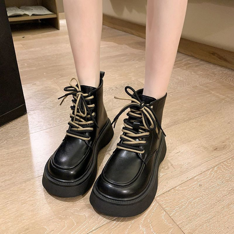New fashionable retro round toe British style single shoe with thick heel and lace up leather surface Martin boots
