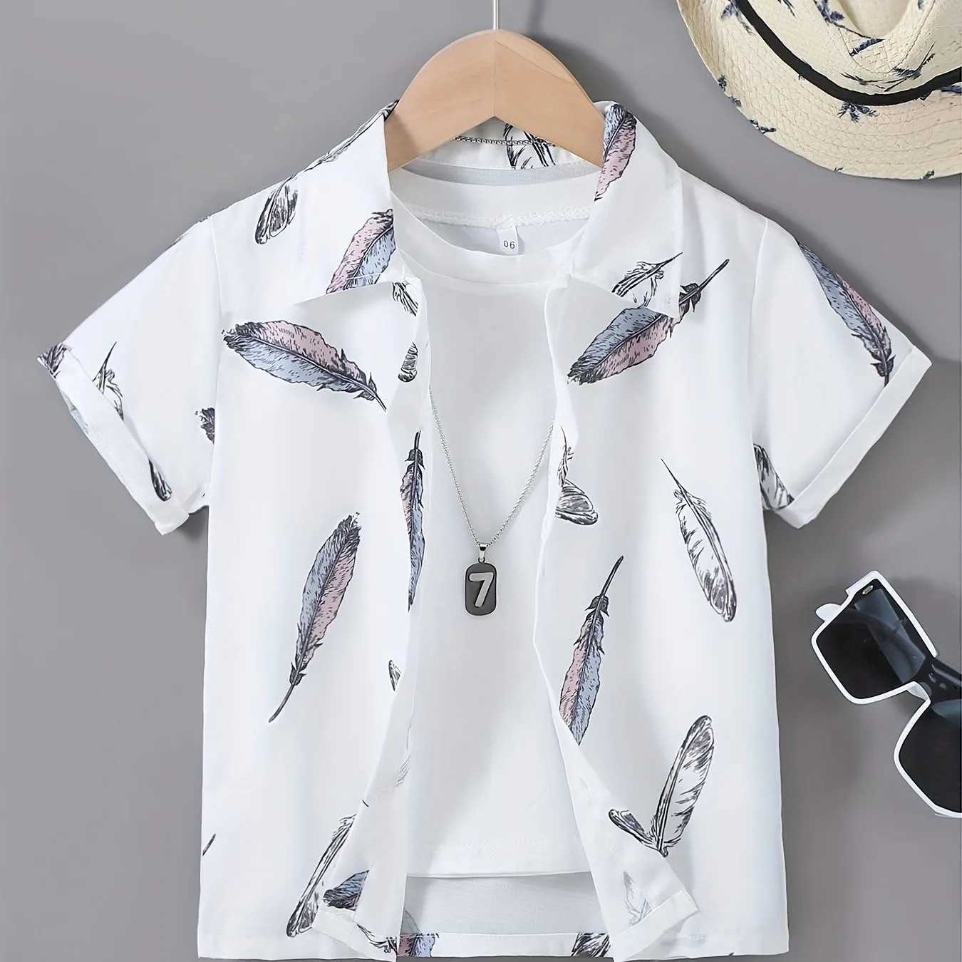 2024 Childrens Clothing Girls Shirt Tropical Coconut Tree Pattern Shirt Boys Fashion Short sleeved Top Collar ShirtW240729