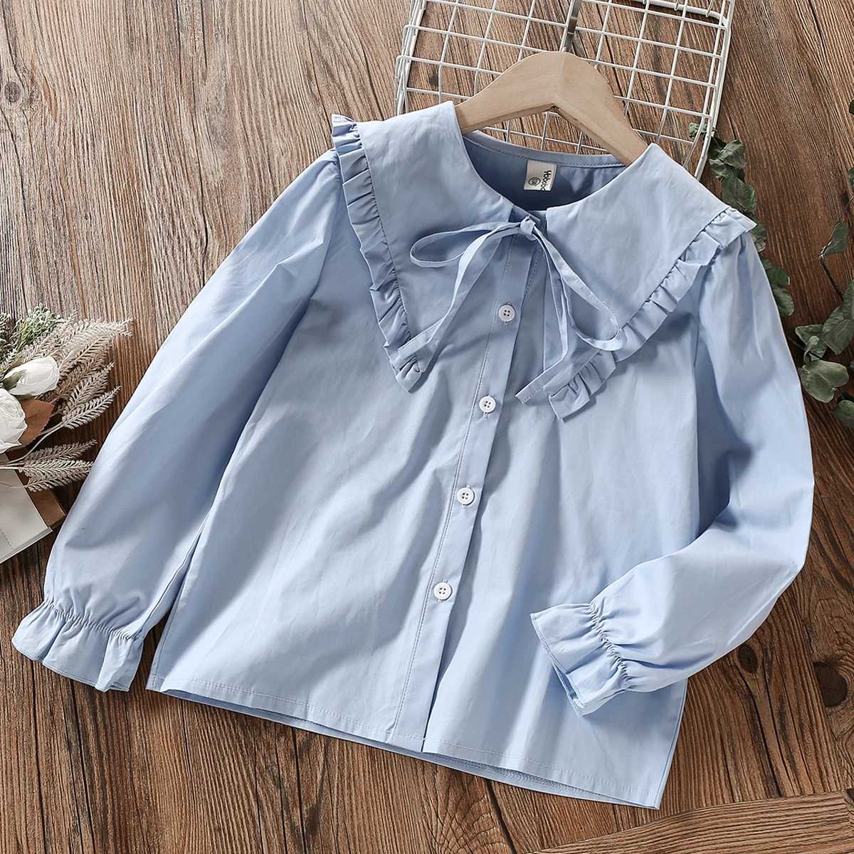 Childrens pleated blue school girl shirt white spring autumn long sleeved youth and childrens clothing 6 8 10 13 years oldW240729