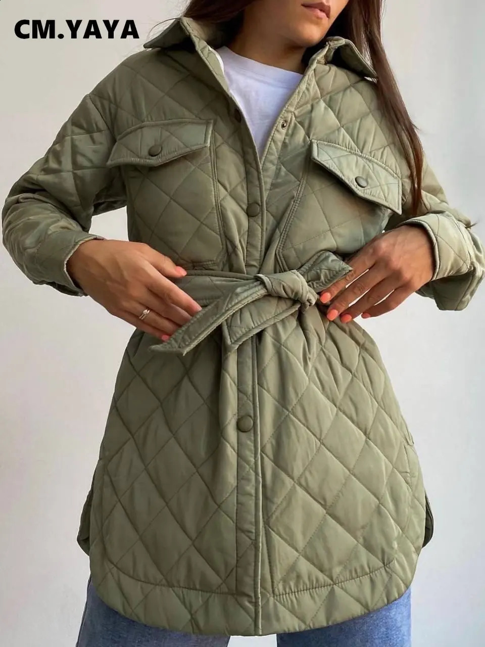 CM.YAYA Vintage Women Argyle Long Sleeve Single Breasted Lapel Collar Slim Parkas Jacket Autumn Winter Warm Trench Outwear 240729