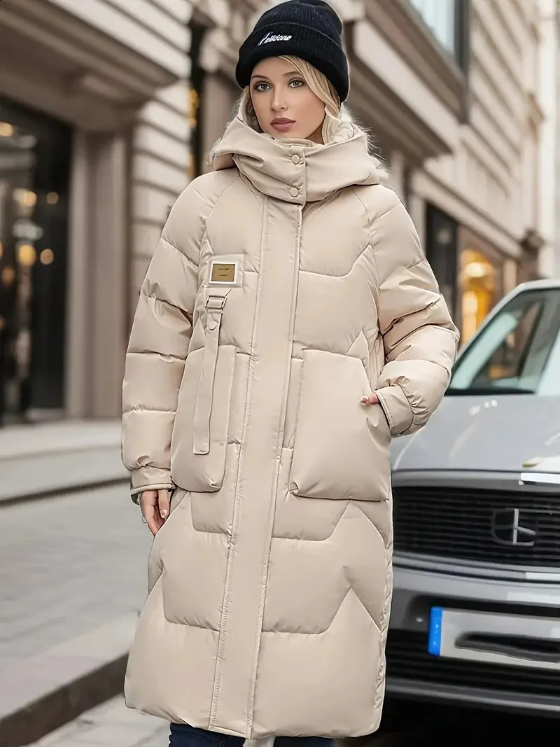 2024 Winter Parka Woman Long Jacket Hooded Detachable Thicken Loose Fur Collar Zipper Pockets Warm Snow Wear Padded Coat 240729