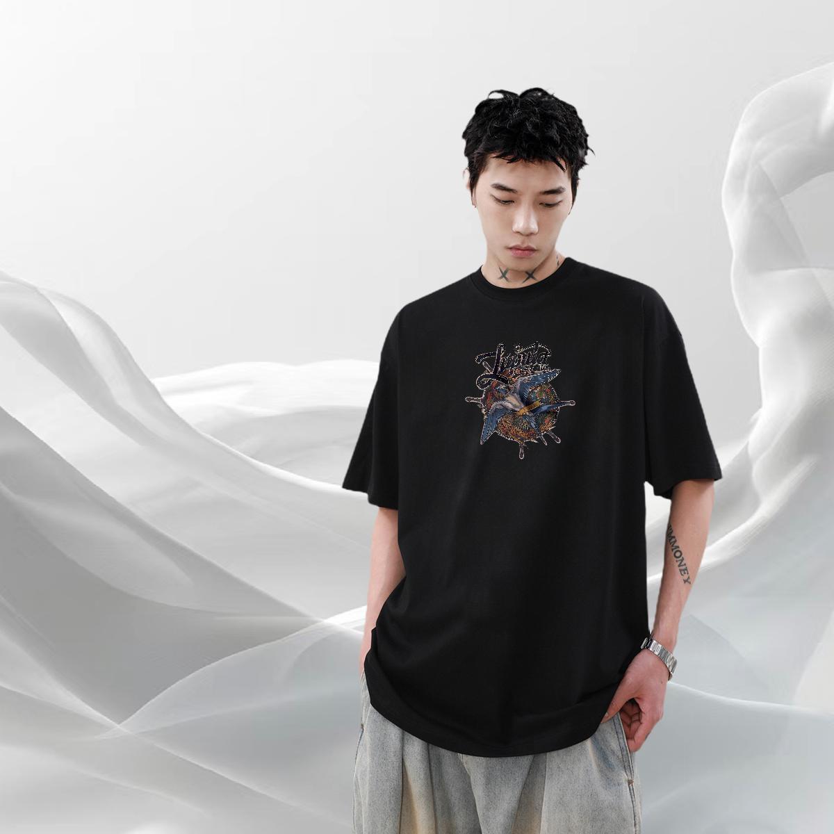 TOP Quality Mens Tshirts 230g Pure Cotton Summer Casual bird Black White Round Neck Short Sleeve Classic Casual Man T Shirts Tee Shirt