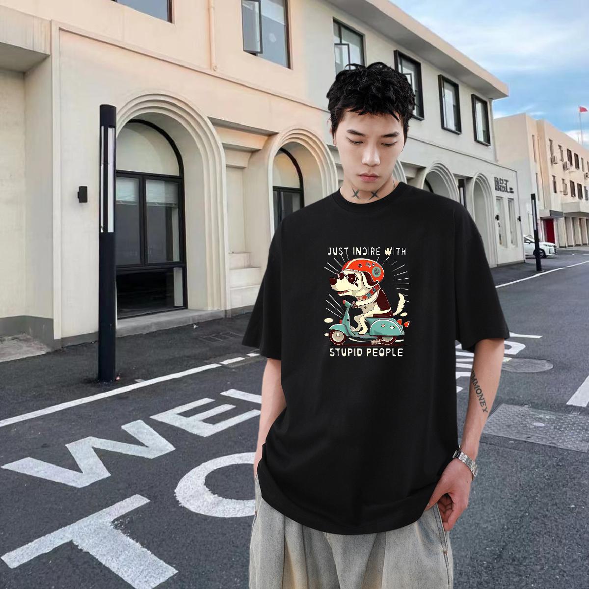 Loose Fit Men Tops Tees 230g Cotton Hip Hop dog White Plus Size Pure Cotton 2024 New T-Shirts Clothings