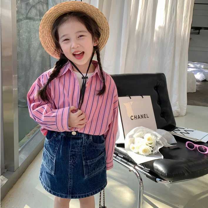 Girls Korean style striped shirt 2023 spring new casual loose fully matched lapel comfortable top outdoor fashionW240729