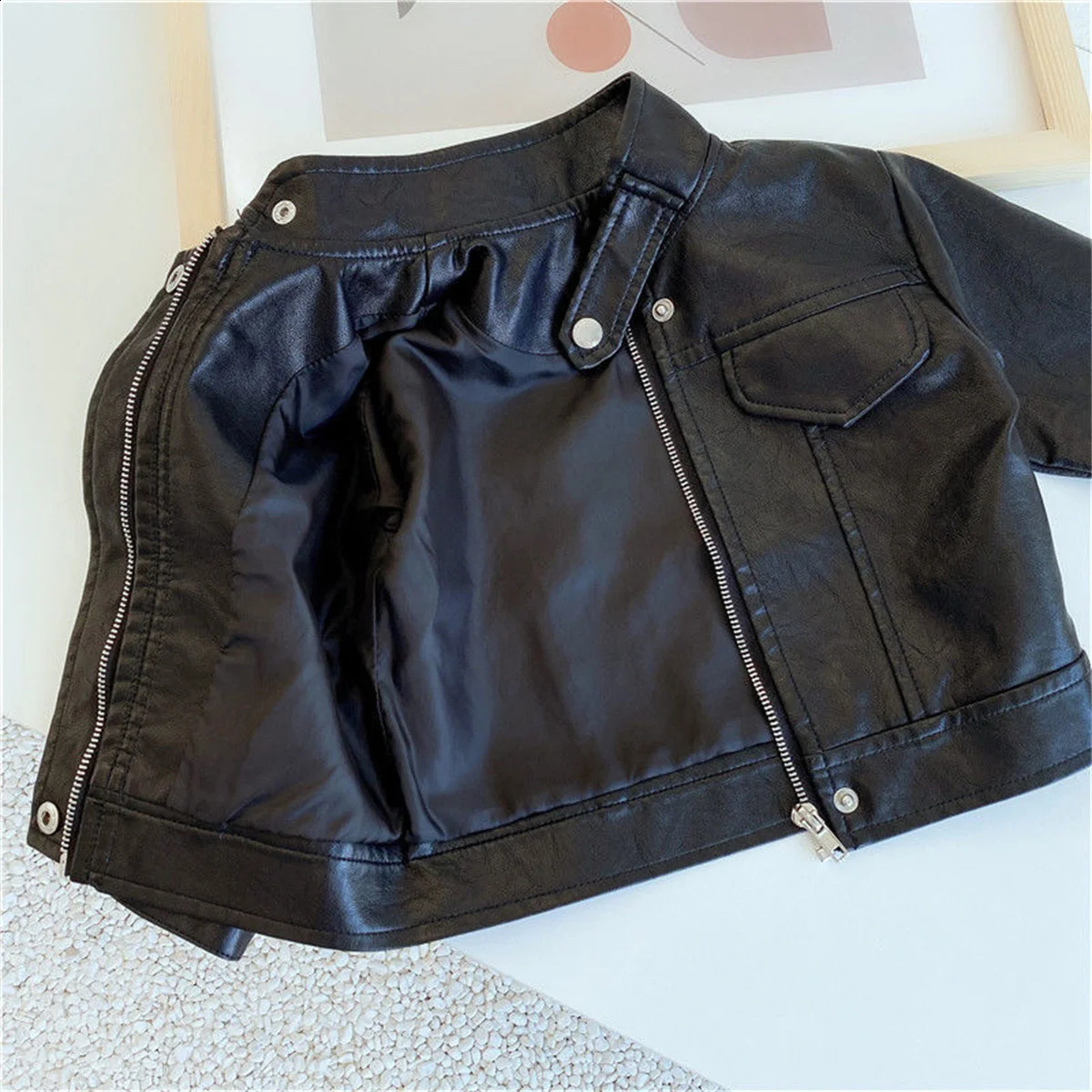 hibobi Toddler Boy Solid Color Casual Fashion Button and Pocket Front Stand Up Collar Zipup Leather Jacket 240723