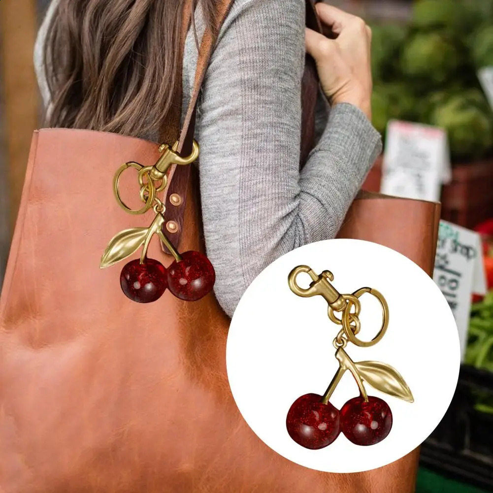 Cherry Charm Pendant Cherry Pendant Shoulder Bag Decoration Fruit Leaf Shape Keychain Exquisite Keyring Holder Glittery Resin 240729