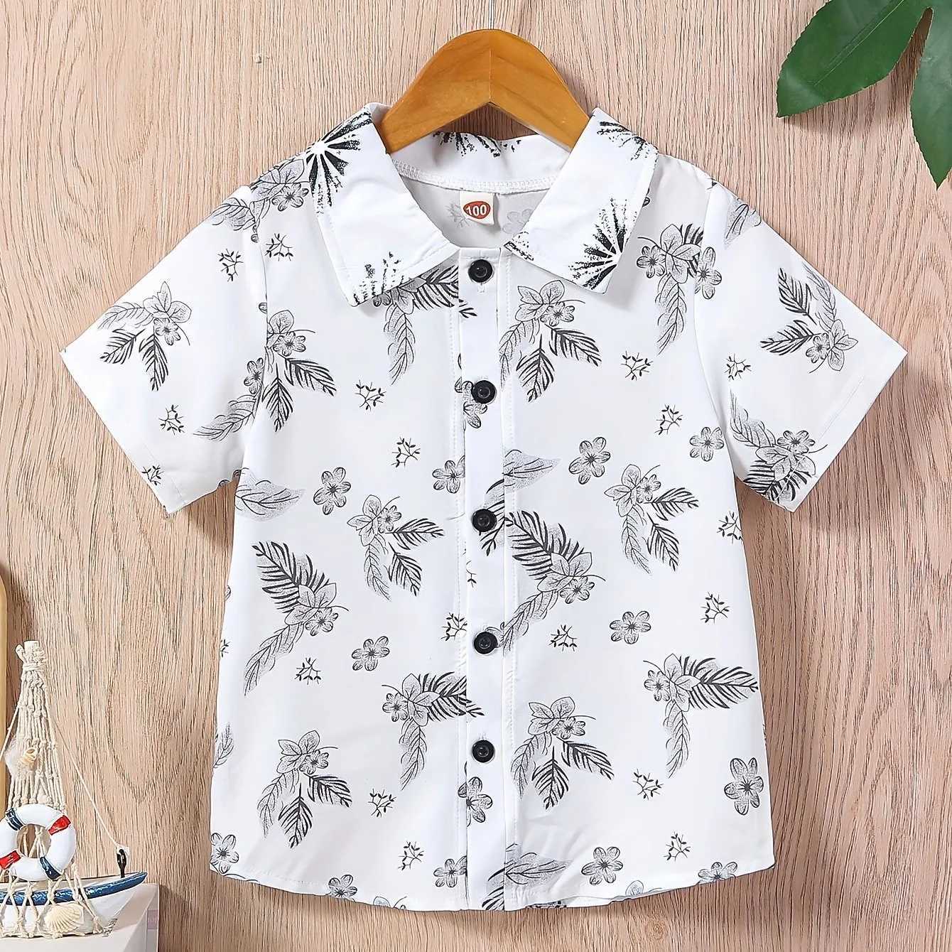 Boys and girls colorful dinosaur and leaf print button down jacket casual and creative childrens short sleeved comfortable summer vacation topW240729