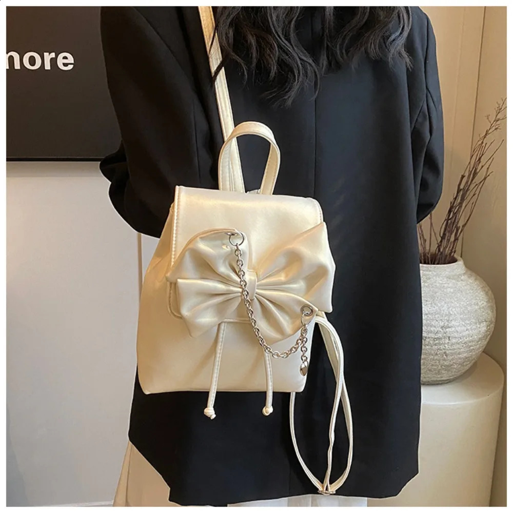 Korean Style Mini Backpack Y2k Bow Large Capacity Handbag MultiFunction PU Leather Travel Bag Girls 240729