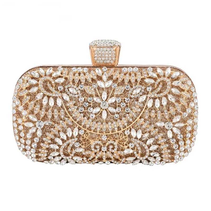 Diamond Evening Clutch For Women Wedding Golden Mini Purse Chain Shoulder Bag Small Hollow Out Flowers Crystal Party HandbagXJ240729
