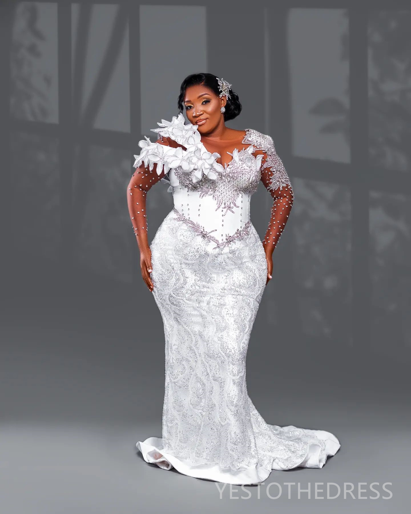 R&W 2024 Plus Size Mermaid Dress Bridal Bride Illusion Sheer Neck Bead Pearls Rhies Decorated Beaded Lace Ruffle Wedding Gowns for Marriage D283