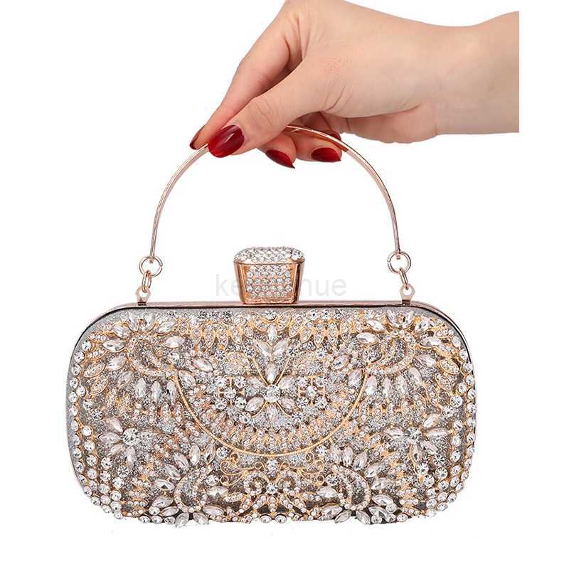 Diamond Evening Clutch For Women Wedding Golden Mini Purse Chain Shoulder Bag Small Hollow Out Flowers Crystal Party HandbagXJ240729