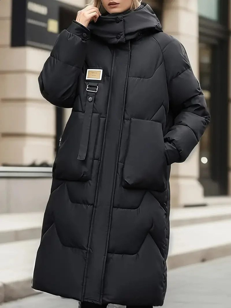 2024 Winter Parka Woman Long Jacket Hooded Detachable Thicken Loose Fur Collar Zipper Pockets Warm Snow Wear Padded Coat 240729