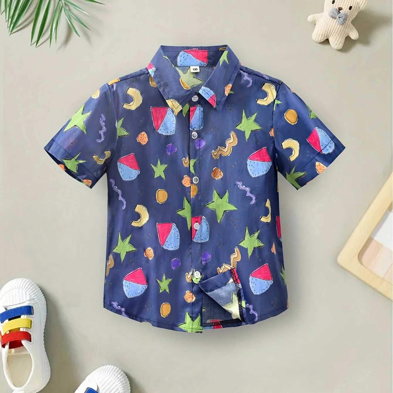 Childrens flower and leaf print pattern boys fashionable and creative short sleeved shirt collar shirt casual childrens topW240729