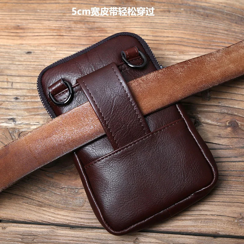 NZPJ Leather Mens Waist Bag Top Layer Cowhide Casual Mobile Phone Bag Wear Belt Vertical Shoulder Messenger Mobile Phone Bag 240729
