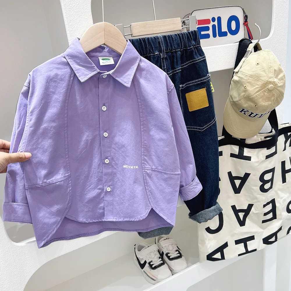 Spring and autumn childrens shirt with solid collar and single chest long sleeved student shirtW240729