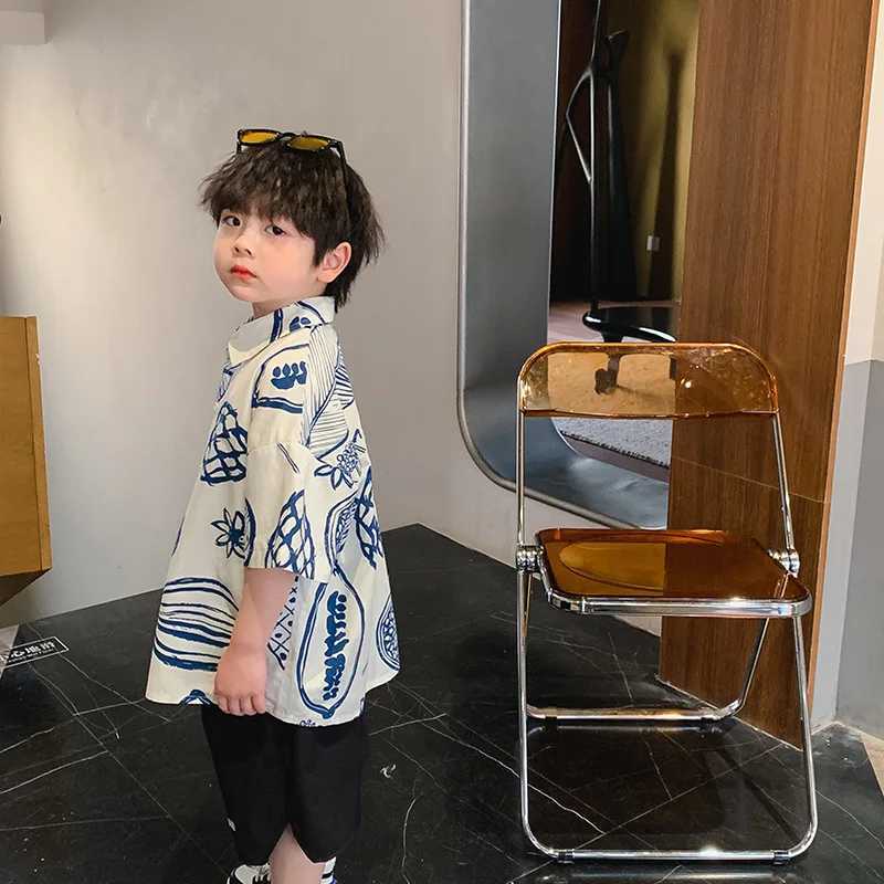 New Summer Boys Shirt Childrens Leaf Printed Cotton Top Childrens Collar Loose Casual Shirt 2-7YW240729
