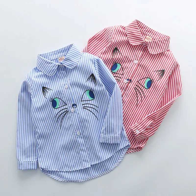 Fashion 2-7T childrens collar embroidered cartoon cat pattern long sleeved shirt topW240729