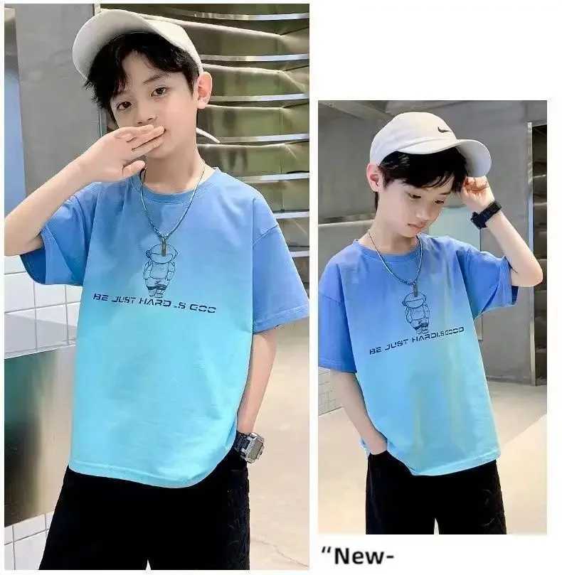 T-shirts Boys Summer Cotton Fashion Gradient Short Sleeve T-shirts 2023 New Youth Teenage 5-14 Years Boys Streetwear Outfits Tops ClothesL24729