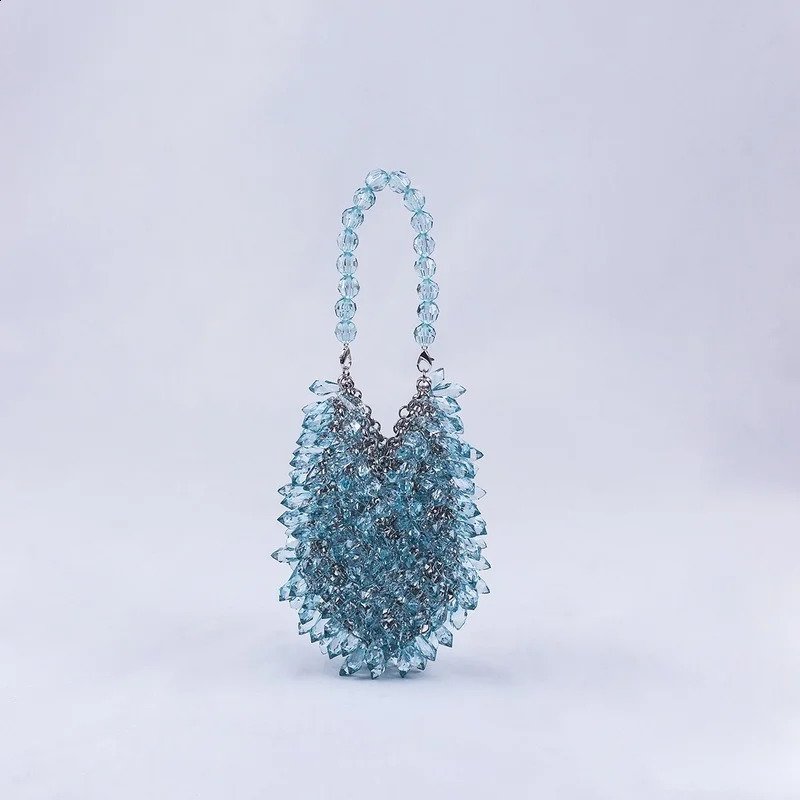 Fashion HandWoven Clear Crystal Acrylic Handbag Green Blue Yellow Handmade Summer Party Small Bucket Purse Evening Beaded Clutch 240729