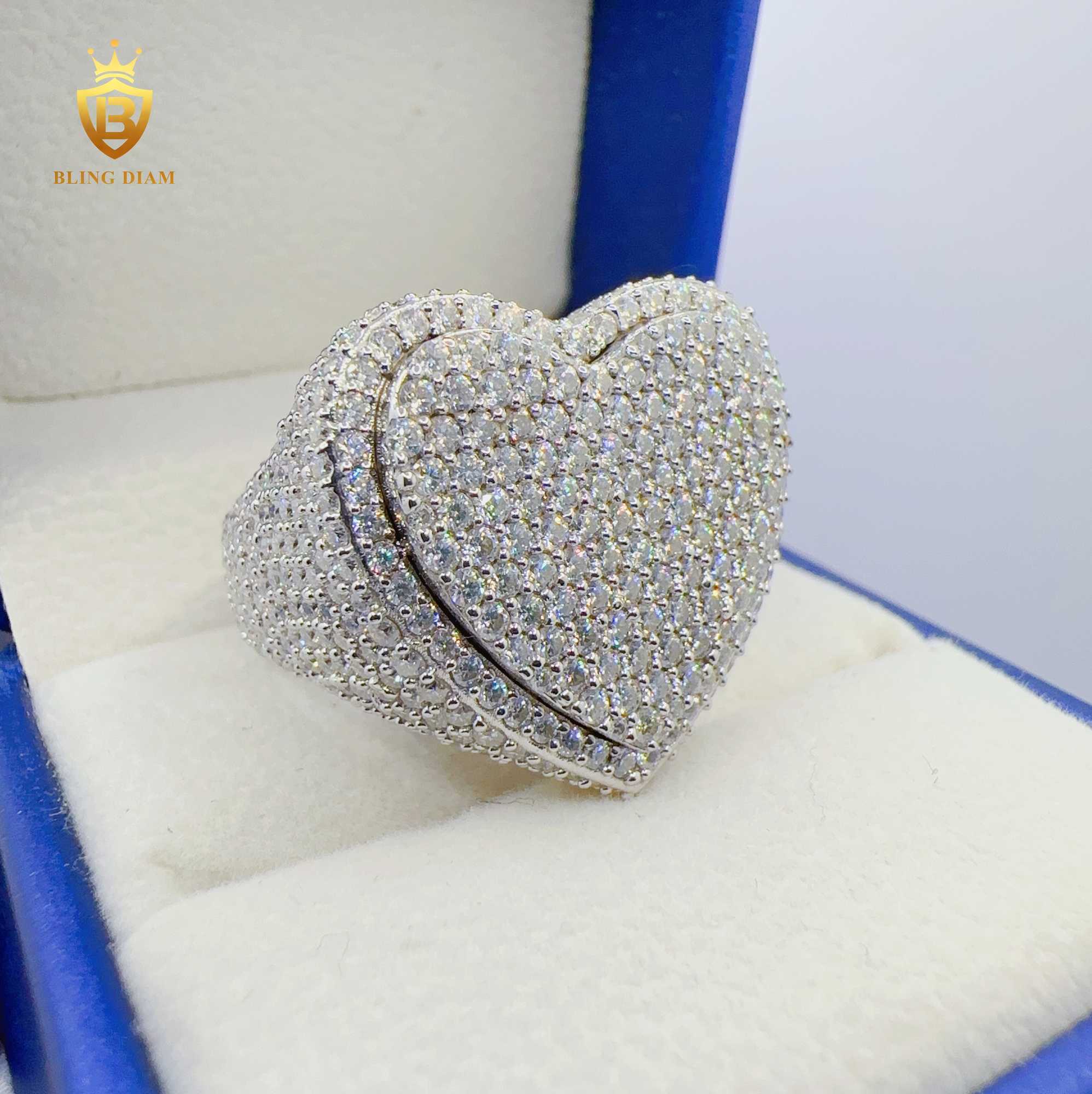 Fashion Custom hip hop Jewelry moissanite double heart design ring sterg sliver Two stones Ring pass tester