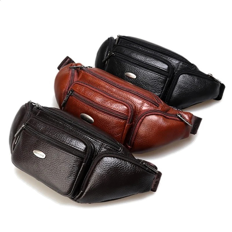 Genuine Leather Men Waist Fanny Pack Cross body Bags Multi-Pocket Travel Vintage Real Cowhide Male Sling Chest Hip Belt Bum Bag 240729