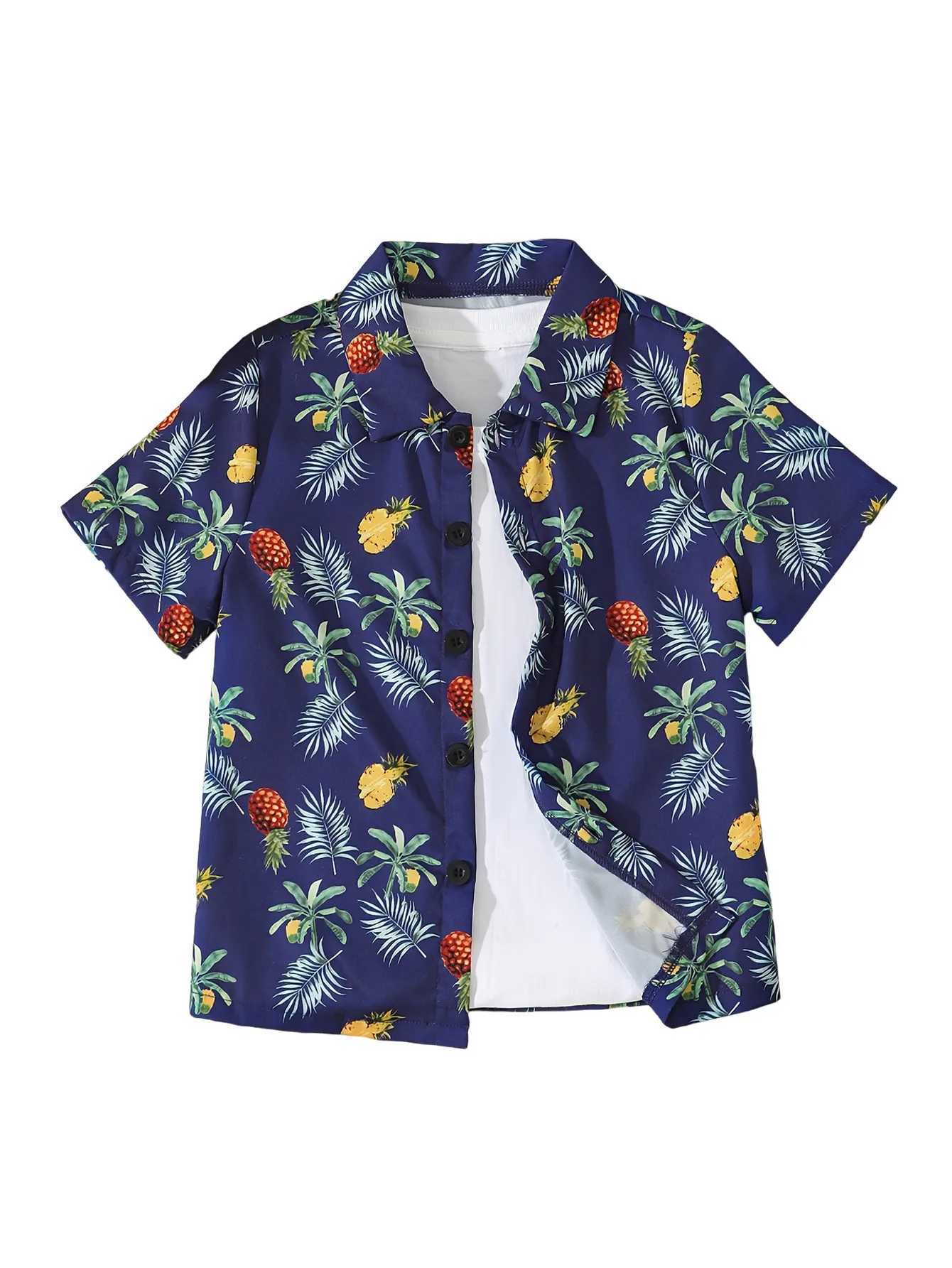 Pineapple print childrens clothing boys creative fashion shirt cool short sleeved lapel shirt top boys summer outdoor clothingW240729
