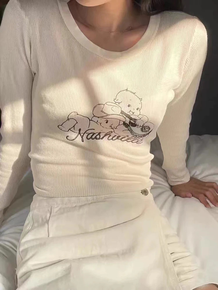 Letter Print Cotton Slim TShirts For Women Autumn Streetwear Waffle Long Sleeve Y2k Tops Casual Vintage Graphic T Shirt Female 240729