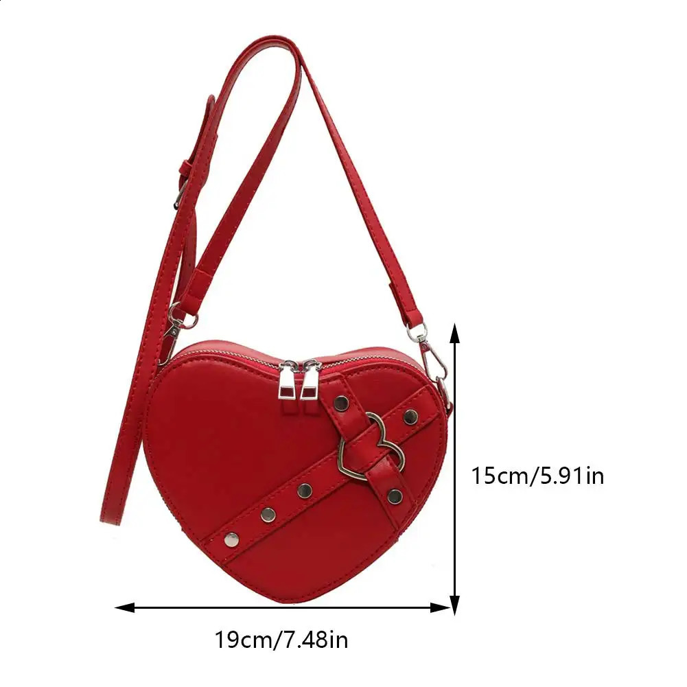 Vintage Y2K Small Chain Rivet Shoulder Bag Heart Shaped Purse Handbag Red PU Leather Gothic Tote Fashion Women Crossbody 240729
