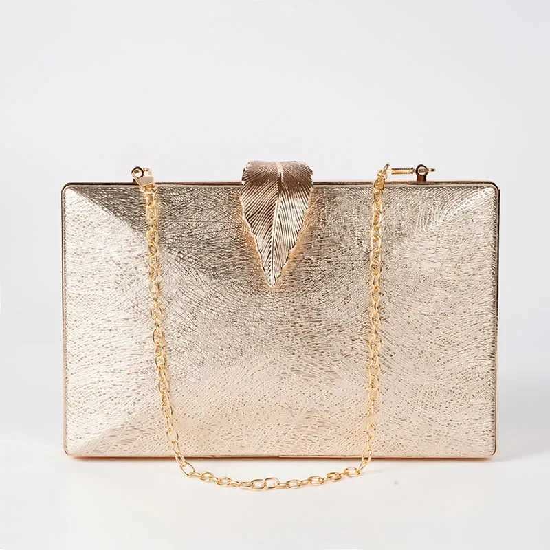 Women Shiny Gold Evening Bag Exquisite Leaf Long Purse Female Bridal Wedding Party Handbag Mini Banquet Day Clutch with ChainXJ240729