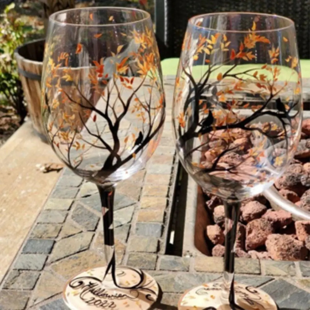 Update Four Seasons Trees Glasses Creative Printed High Legged For Wine Beer Cocktail Large Capacity Glass Cup Set 240729