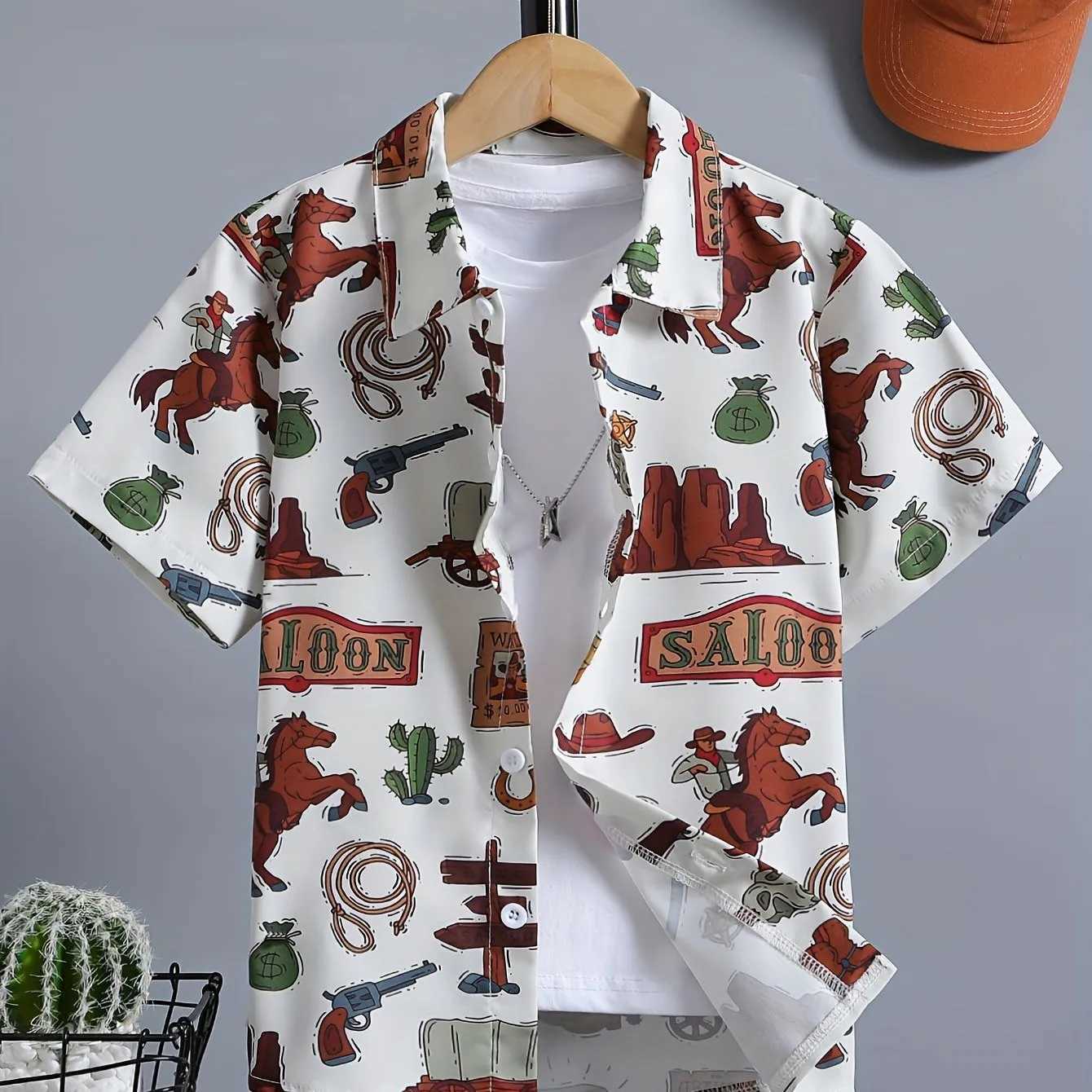 Holiday Printed Childrens Creative Shirt Casual Short Sleeve Collar Breathable Shirt Top Boys Summer Outdoor ShirtW240729