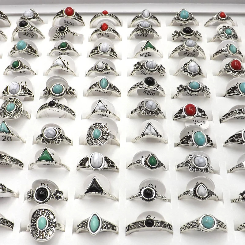 XiaoTYM 50 antique silver vintage style rings with mixed stones suitable for women 240723