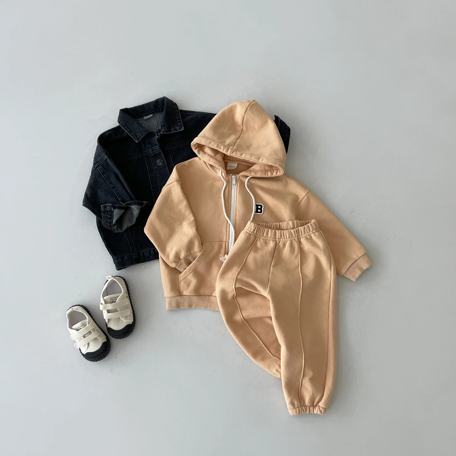Korean INS Kids Boys Jogger Set Baby Boys Workout Jacket Hoodie Elastic Sweatpant Sets Full Zip Hooded Child Tracksuit 1-5Y 240718