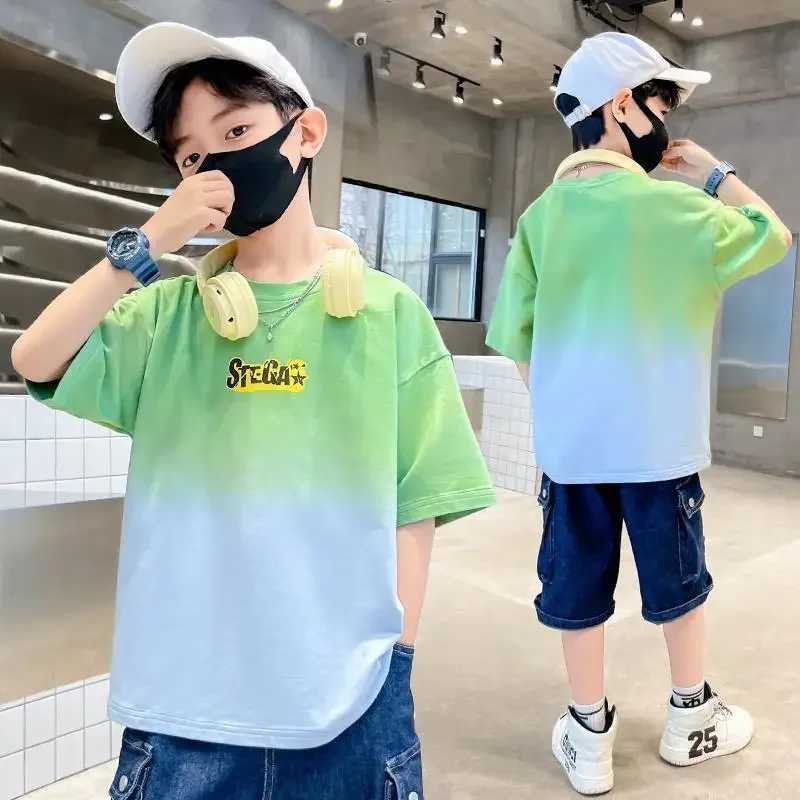 T-shirts Boys Summer Cotton Fashion Gradient Short Sleeve T-shirts 2023 New Youth Teenage 5-14 Years Boys Streetwear Outfits Tops ClothesL24729
