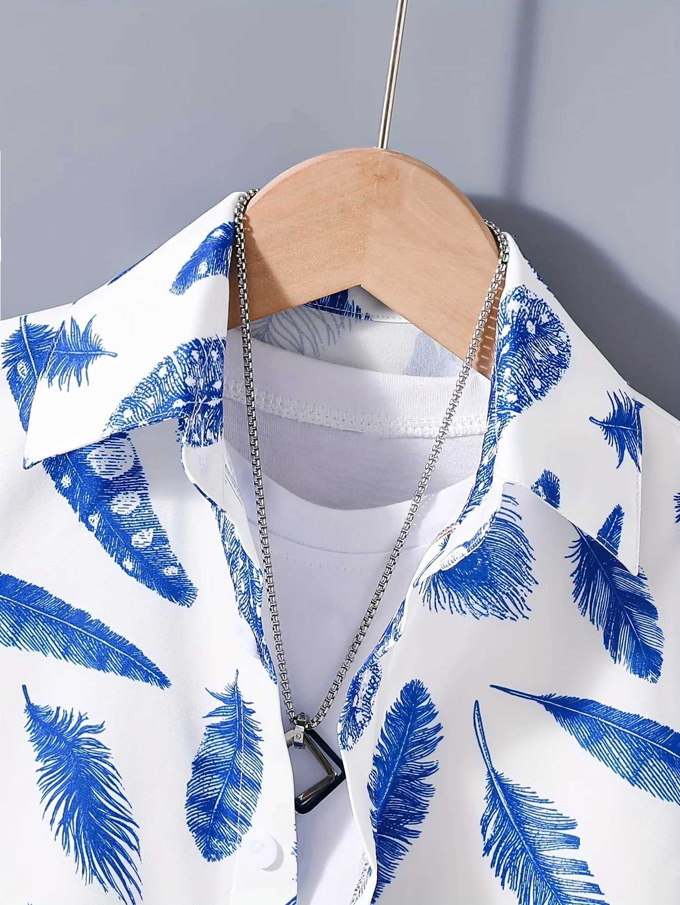 Boys blue feather short sleeved shirt summer childrens casual topW240729