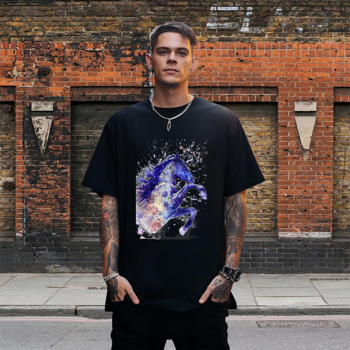 High Quality Mens Tshirts 230g Cotton Casual horse Black White Breathable Short Sleeve Fashion Casual T Shirts Men Tee Shirt
