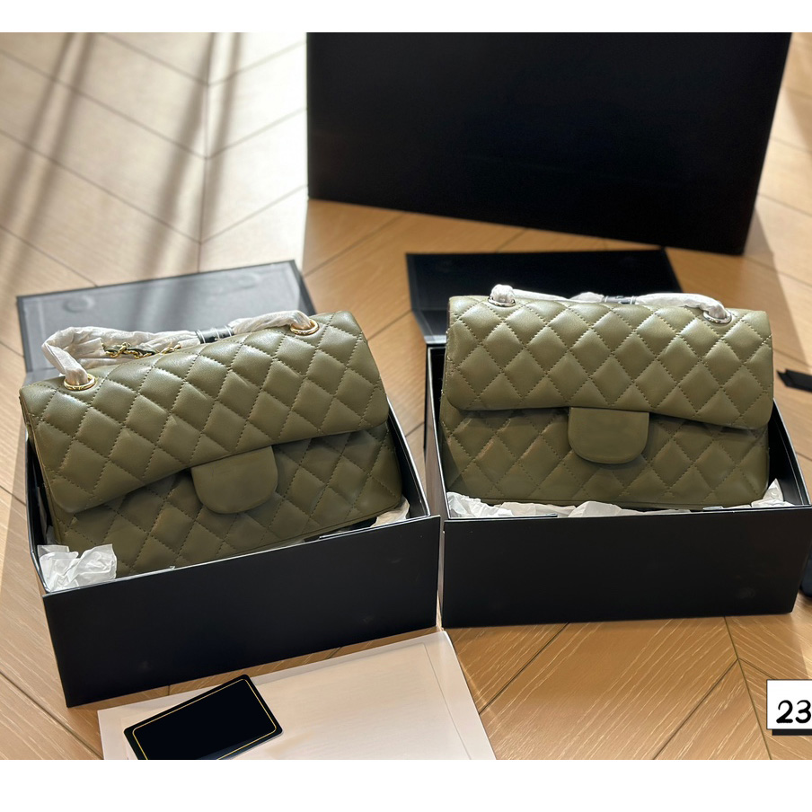 Ladies Luxury Classic Lambskin Medium Double Flap Bags Real Leather Silver/Gold Metal Hardware Matelasse Chain Crossbody Shoulder Outdoor Sacoche Handbags 23CM