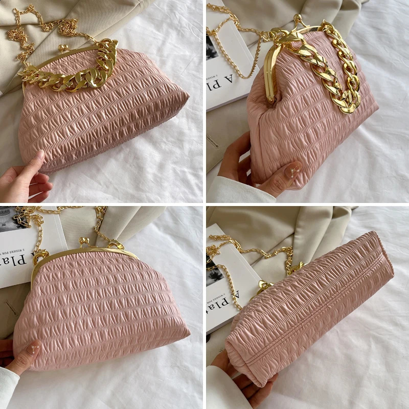 Shoulder messenger Bag Gold chunky necklace womens bag Pleated Gold metal frame clip bags for women small fashion lady handbag 240729